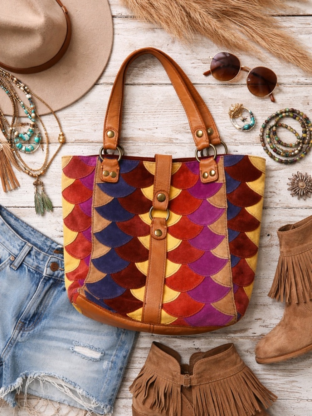 Y2K Lucky Brand Patchwork Suede Tote Boho Scallop Leather Bag Festival